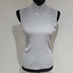 Tahari Women's Knit Sleeveless Ribbed Mock Neck Sweater Size Large Gray Stretch